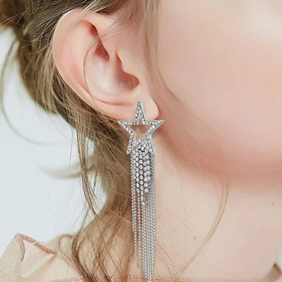💖 Rhinestone Shooting stars tassel silver Statement formal dangle Earrings new - Picture 1 of 15